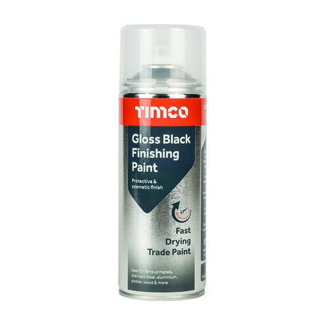 This is an image showing TIMCO Gloss Black Finishing Paint - 380ml - 1 Each Can available from T.H Wiggans Ironmongery in Kendal, quick delivery at discounted prices.
