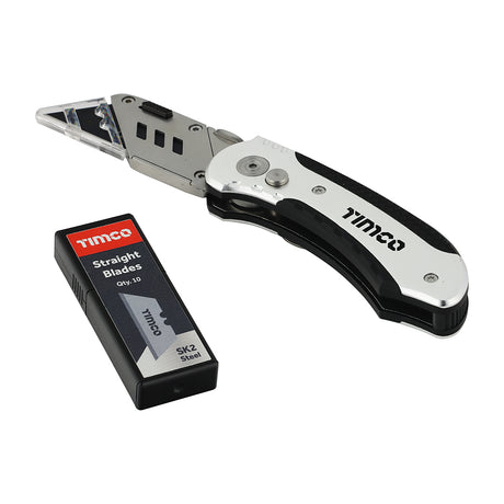 This is an image showing TIMCO Folding Utility Knife & Blades - 60 x 19 x 0.6 - 1 Each Blister Pack available from T.H Wiggans Ironmongery in Kendal, quick delivery at discounted prices.