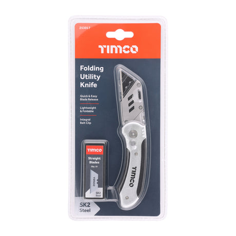 This is an image showing TIMCO Folding Utility Knife & Blades - 60 x 19 x 0.6 - 1 Each Blister Pack available from T.H Wiggans Ironmongery in Kendal, quick delivery at discounted prices.