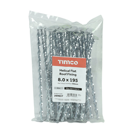 This is an image showing TIMCO Helical Flat Roof Fixing - Zinc - 8.0 x 195 - 25 Pieces Bag available from T.H Wiggans Ironmongery in Kendal, quick delivery at discounted prices.
