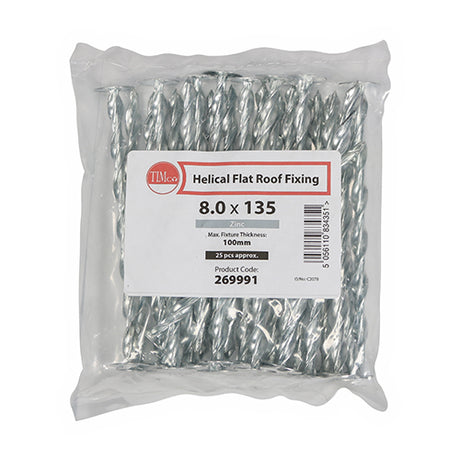 This is an image showing TIMCO Helical Flat Roof Fixing - Zinc - 8.0 x 135 - 25 Pieces Bag available from T.H Wiggans Ironmongery in Kendal, quick delivery at discounted prices.