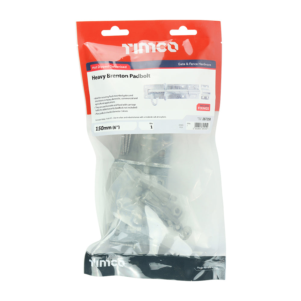 This is an image showing TIMCO Heavy Brenton Padbolt - Hot Dipped Galvanised - 6" - 1 Each TIMbag available from T.H Wiggans Ironmongery in Kendal, quick delivery at discounted prices.