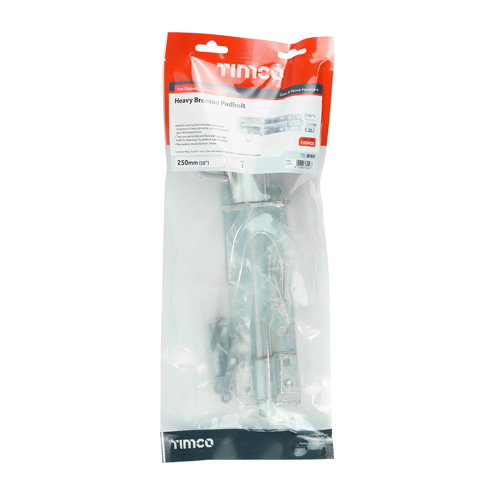 This is an image showing TIMCO Heavy Brenton Padbolt - Hot Dipped Galvanised - 10" - 1 Each TIMbag available from T.H Wiggans Ironmongery in Kendal, quick delivery at discounted prices.