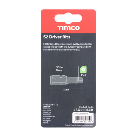 This is an image showing TIMCO S2 Driver Bits - SQ - No.2 x 25 - 10 Pieces Handy Bit Pack available from T.H Wiggans Ironmongery in Kendal, quick delivery at discounted prices.