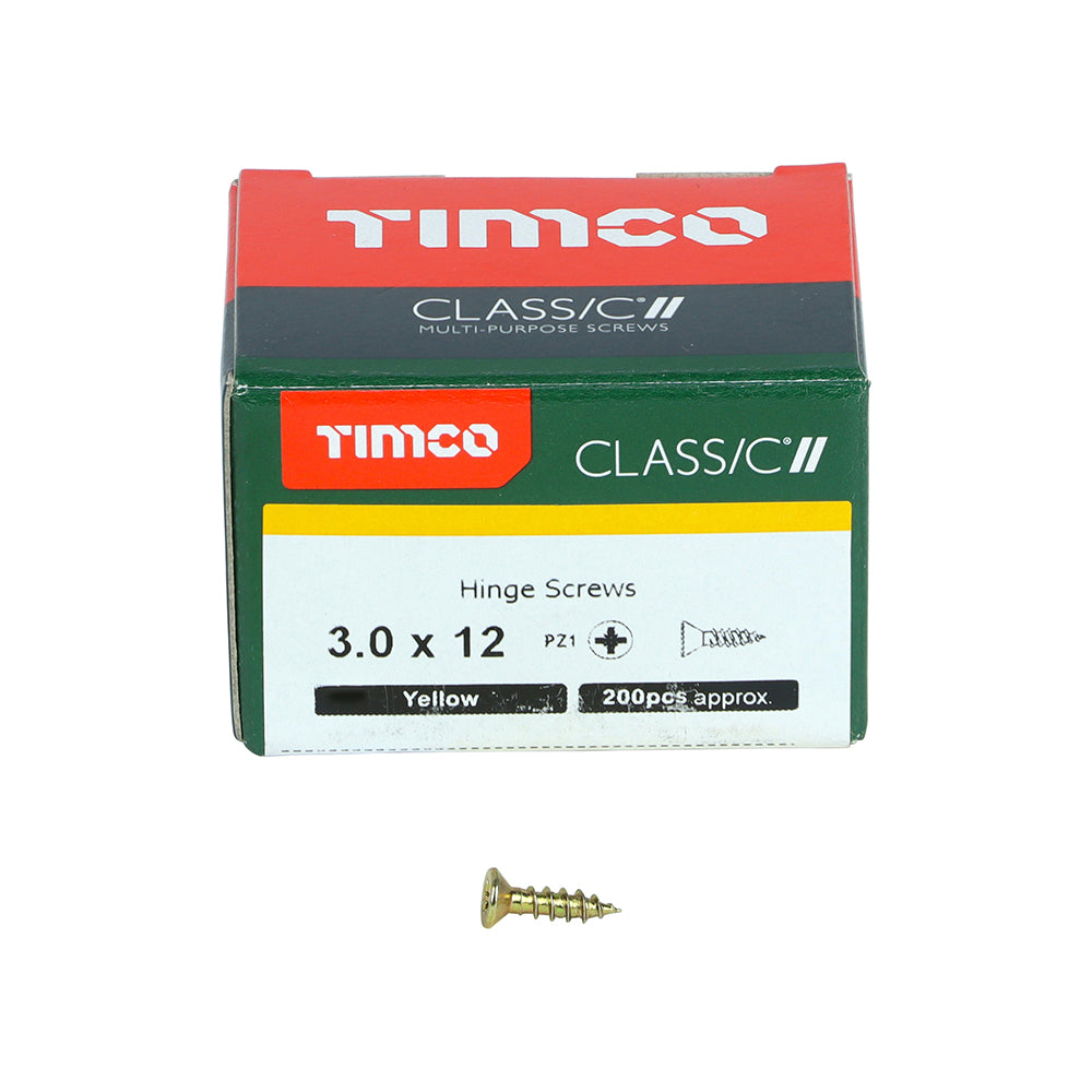 This is an image showing TIMCO Classic Multi-Purpose Hinge Screws - PZ - Countersunk - Yellow - 3.0 x 12 - 200 Pieces Box available from T.H Wiggans Ironmongery in Kendal, quick delivery at discounted prices.