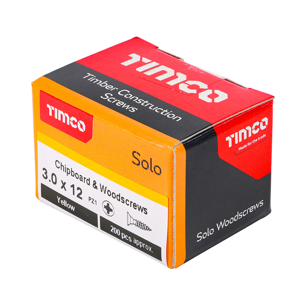 This is an image showing TIMCO Solo Chipboard & Woodscrews - PZ - Double Countersunk - Yellow - 3.0 x 12 - 200 Pieces Box available from T.H Wiggans Ironmongery in Kendal, quick delivery at discounted prices.