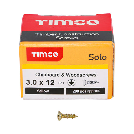 This is an image showing TIMCO Solo Chipboard & Woodscrews - PZ - Double Countersunk - Yellow - 3.0 x 12 - 200 Pieces Box available from T.H Wiggans Ironmongery in Kendal, quick delivery at discounted prices.