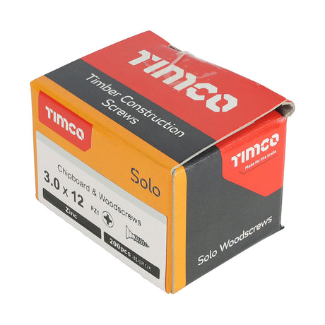 This is an image showing TIMCO Solo Chipboard & Woodscrews - PZ - Double Countersunk - Zinc - 3.0 x 12 - 200 Pieces Box available from T.H Wiggans Ironmongery in Kendal, quick delivery at discounted prices.