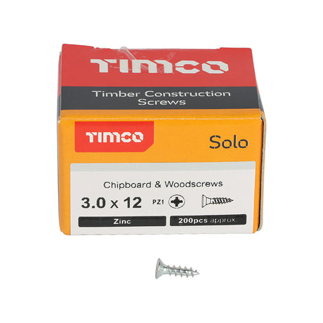 This is an image showing TIMCO Solo Chipboard & Woodscrews - PZ - Double Countersunk - Zinc - 3.0 x 12 - 200 Pieces Box available from T.H Wiggans Ironmongery in Kendal, quick delivery at discounted prices.