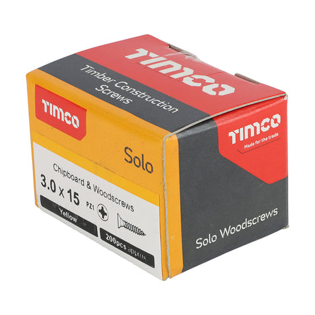 This is an image showing TIMCO Solo Chipboard & Woodscrews - PZ - Double Countersunk - Yellow - 3.0 x 15 - 200 Pieces Box available from T.H Wiggans Ironmongery in Kendal, quick delivery at discounted prices.