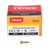 This is an image showing TIMCO Solo Chipboard & Woodscrews - PZ - Double Countersunk - Yellow - 3.0 x 15 - 200 Pieces Box available from T.H Wiggans Ironmongery in Kendal, quick delivery at discounted prices.