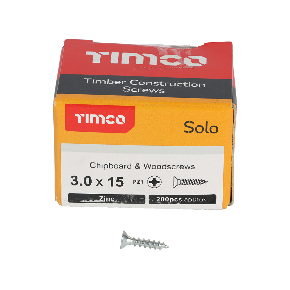 This is an image showing TIMCO Solo Chipboard & Woodscrews - PZ - Double Countersunk - Zinc - 3.0 x 15 - 200 Pieces Box available from T.H Wiggans Ironmongery in Kendal, quick delivery at discounted prices.