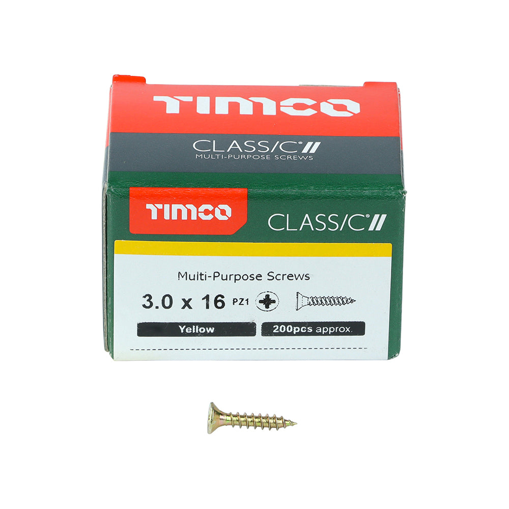 This is an image showing TIMCO Classic Multi-Purpose Screws - PZ - Double Countersunk - Yellow - 3.0 x 16 - 200 Pieces Box available from T.H Wiggans Ironmongery in Kendal, quick delivery at discounted prices.