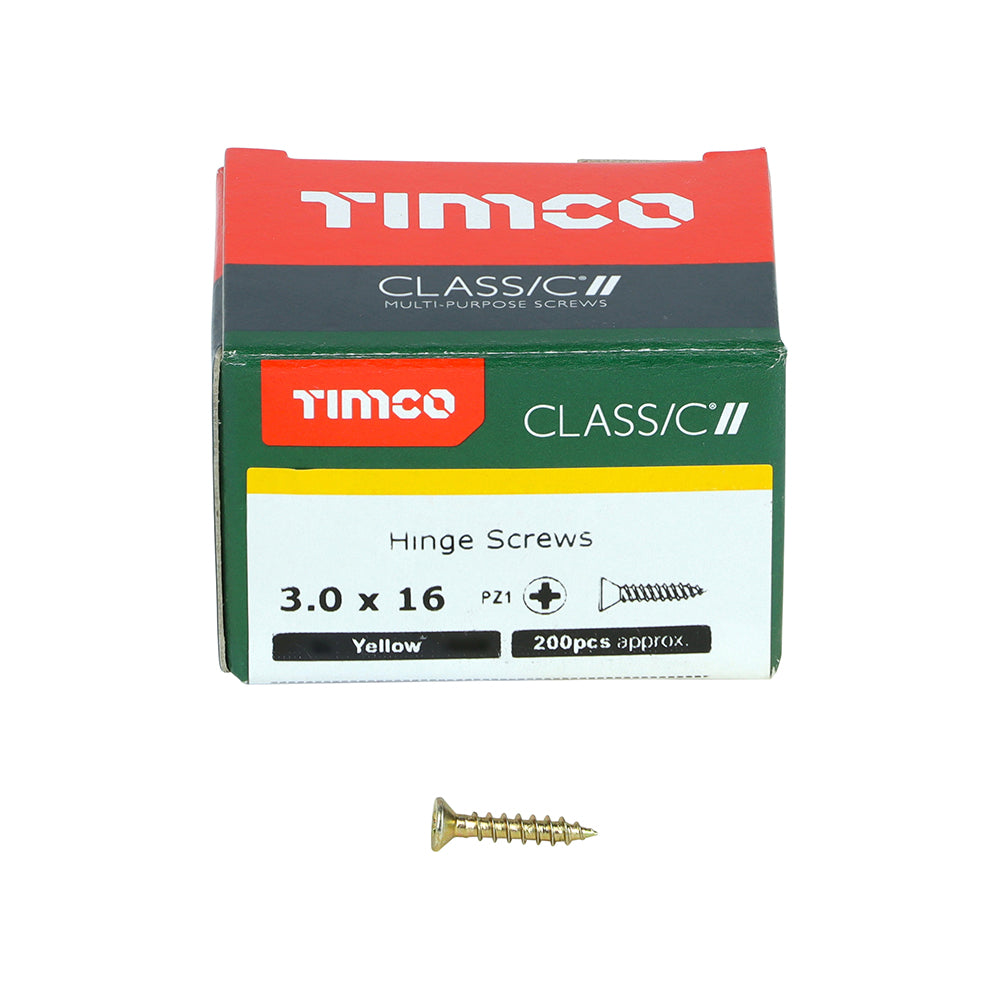 This is an image showing TIMCO Classic Multi-Purpose Hinge Screws - PZ - Countersunk - Yellow - 3.0 x 16 - 200 Pieces Box available from T.H Wiggans Ironmongery in Kendal, quick delivery at discounted prices.