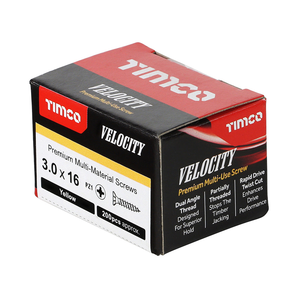 This is an image showing TIMCO Velocity Premium Multi-Use Screws - PZ - Double Countersunk - Yellow - 3.0 x 16 - 200 Pieces Box available from T.H Wiggans Ironmongery in Kendal, quick delivery at discounted prices.