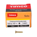 This is an image showing TIMCO Solo Chipboard & Woodscrews - PZ - Double Countersunk - Yellow - 3.0 x 17 - 200 Pieces Box available from T.H Wiggans Ironmongery in Kendal, quick delivery at discounted prices.