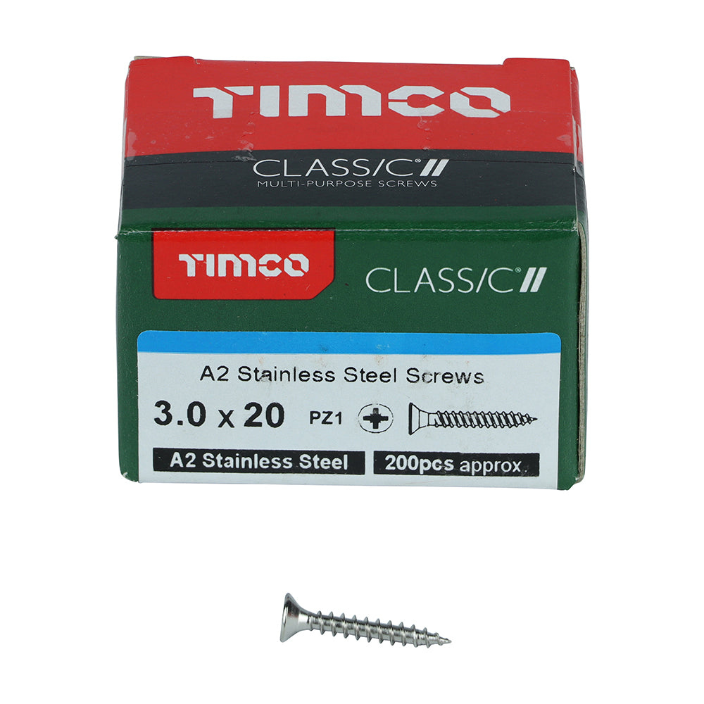 This is an image showing TIMCO Classic Multi-Purpose Screws - PZ - Double Countersunk - A2 Stainless Steel
 - 3.0 x 20 - 200 Pieces Box available from T.H Wiggans Ironmongery in Kendal, quick delivery at discounted prices.
