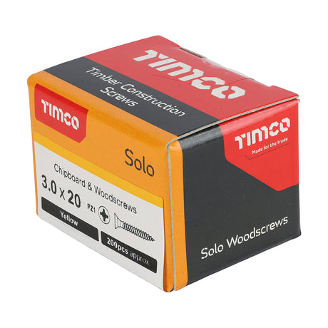 This is an image showing TIMCO Solo Chipboard & Woodscrews - PZ - Double Countersunk - Yellow - 3.0 x 20 - 200 Pieces Box available from T.H Wiggans Ironmongery in Kendal, quick delivery at discounted prices.