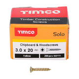 This is an image showing TIMCO Solo Chipboard & Woodscrews - PZ - Double Countersunk - Yellow - 3.0 x 20 - 200 Pieces Box available from T.H Wiggans Ironmongery in Kendal, quick delivery at discounted prices.
