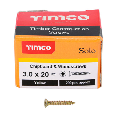 This is an image showing TIMCO Solo Chipboard & Woodscrews - PZ - Double Countersunk - Yellow - 3.0 x 20 - 200 Pieces Box available from T.H Wiggans Ironmongery in Kendal, quick delivery at discounted prices.