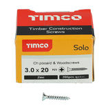 This is an image showing TIMCO Solo Chipboard & Woodscrews - PZ - Double Countersunk - Zinc - 3.0 x 20 - 200 Pieces Box available from T.H Wiggans Ironmongery in Kendal, quick delivery at discounted prices.