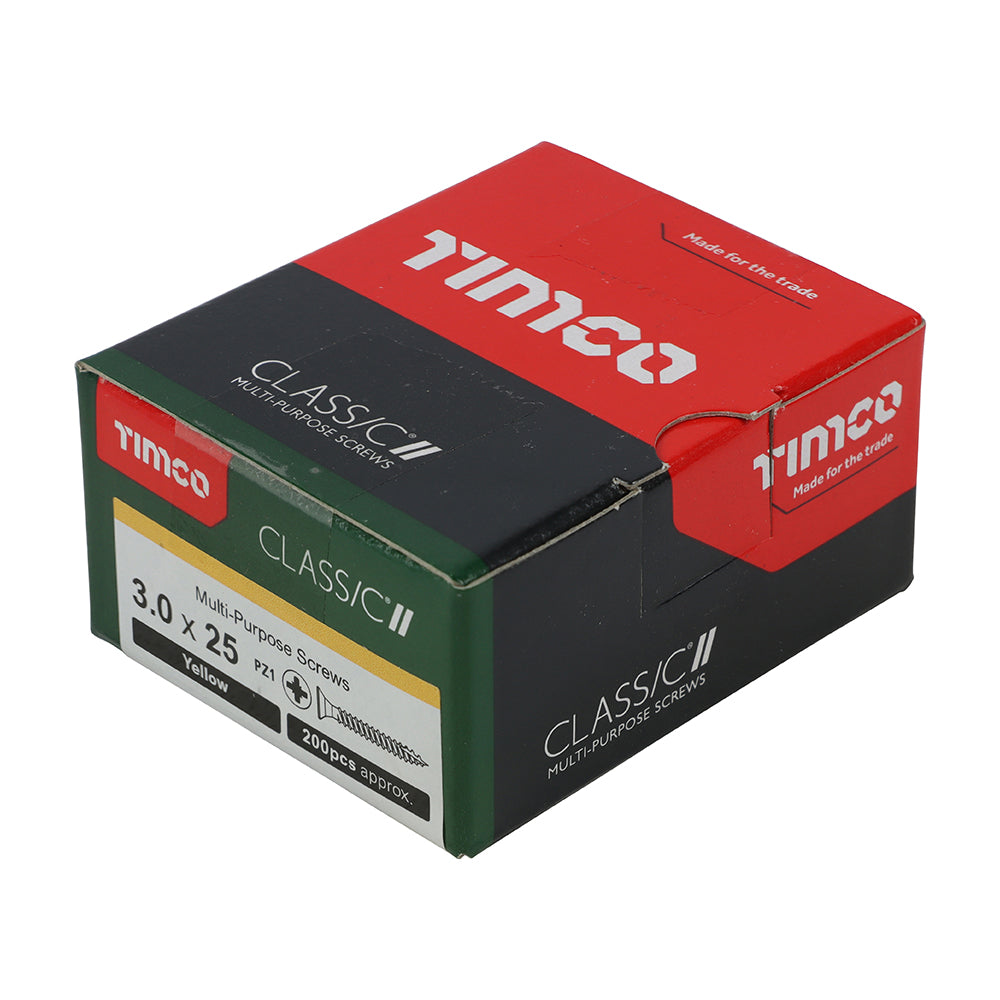 This is an image showing TIMCO Classic Multi-Purpose Screws - PZ - Double Countersunk - Yellow - 3.0 x 25 - 200 Pieces Box available from T.H Wiggans Ironmongery in Kendal, quick delivery at discounted prices.