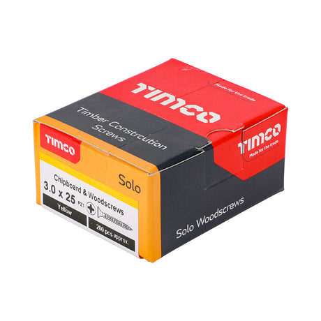 This is an image showing TIMCO Solo Chipboard & Woodscrews - PZ - Double Countersunk - Yellow - 3.0 x 25 - 200 Pieces Box available from T.H Wiggans Ironmongery in Kendal, quick delivery at discounted prices.