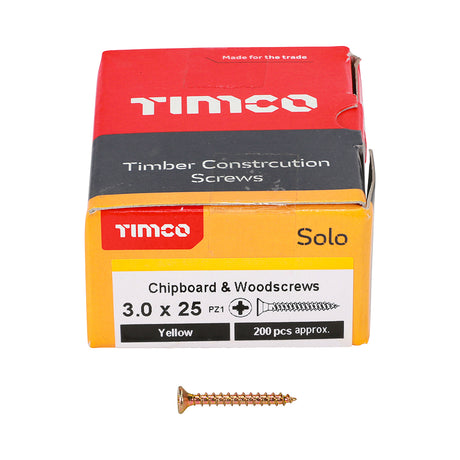 This is an image showing TIMCO Solo Chipboard & Woodscrews - PZ - Double Countersunk - Yellow - 3.0 x 25 - 200 Pieces Box available from T.H Wiggans Ironmongery in Kendal, quick delivery at discounted prices.