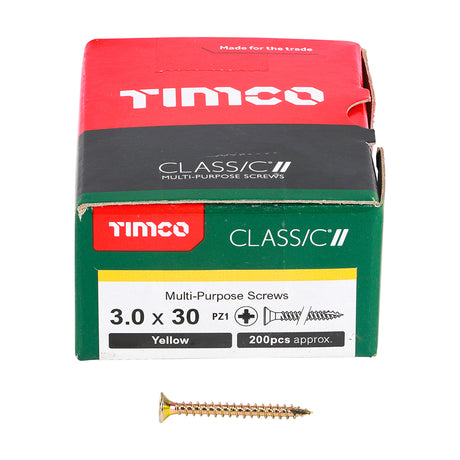 This is an image showing TIMCO Classic Multi-Purpose Screws - PZ - Double Countersunk - Yellow - 3.0 x 30 - 200 Pieces Box available from T.H Wiggans Ironmongery in Kendal, quick delivery at discounted prices.