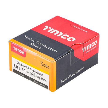 This is an image showing TIMCO Solo Chipboard & Woodscrews - PZ - Double Countersunk - Yellow - 3.0 x 30 - 200 Pieces Box available from T.H Wiggans Ironmongery in Kendal, quick delivery at discounted prices.