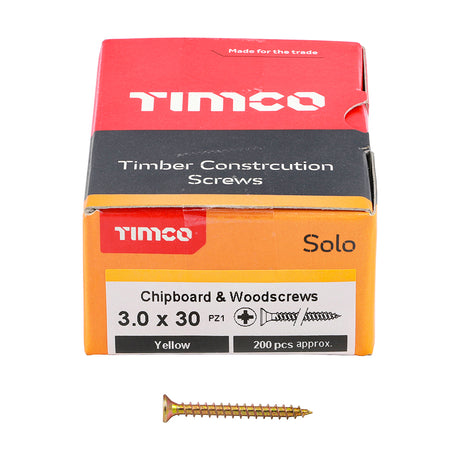 This is an image showing TIMCO Solo Chipboard & Woodscrews - PZ - Double Countersunk - Yellow - 3.0 x 30 - 200 Pieces Box available from T.H Wiggans Ironmongery in Kendal, quick delivery at discounted prices.