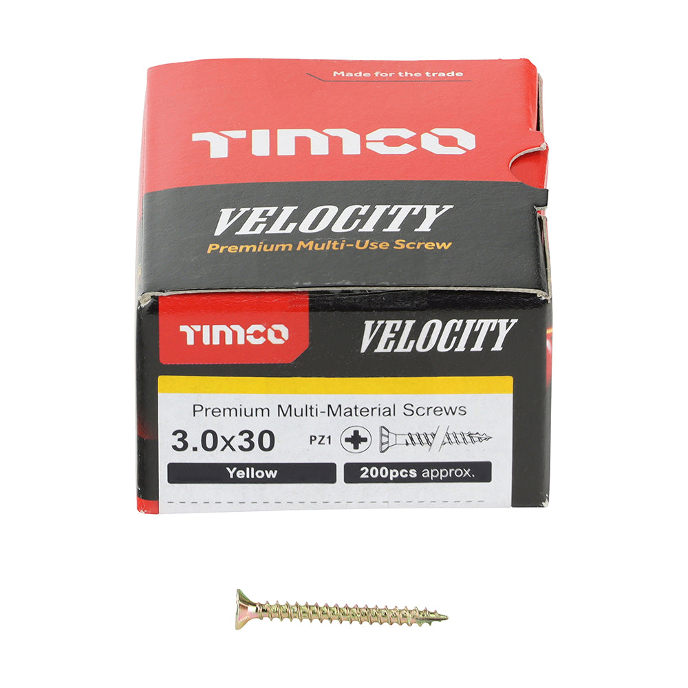 This is an image showing TIMCO Velocity Premium Multi-Use Screws - PZ - Double Countersunk - Yellow - 3.0 x 30 - 200 Pieces Box available from T.H Wiggans Ironmongery in Kendal, quick delivery at discounted prices.