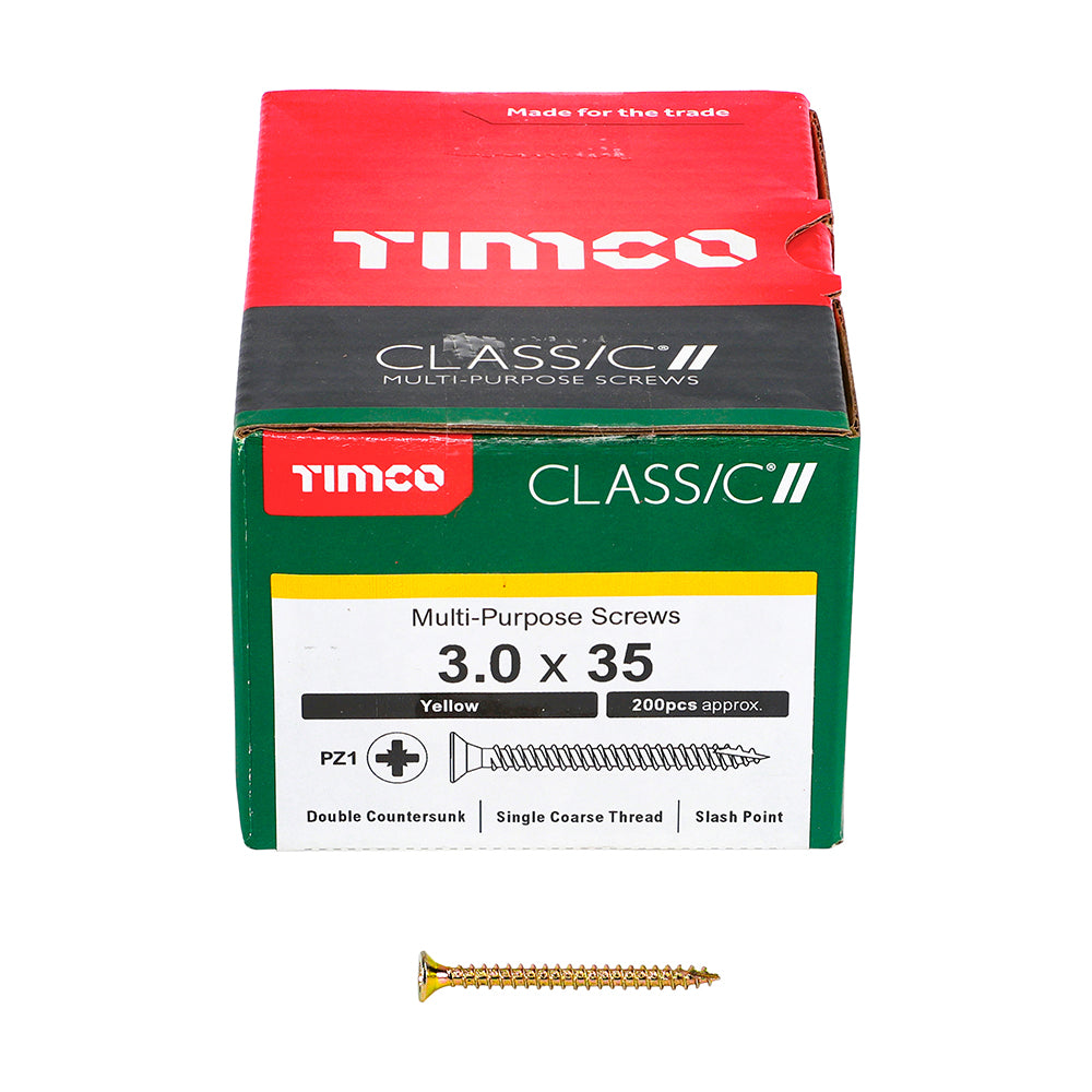 This is an image showing TIMCO Classic Multi-Purpose Screws - PZ - Double Countersunk - Yellow - 3.0 x 35 - 200 Pieces Box available from T.H Wiggans Ironmongery in Kendal, quick delivery at discounted prices.