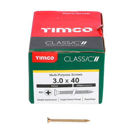 This is an image showing TIMCO Classic Multi-Purpose Screws - PZ - Double Countersunk - Yellow - 3.0 x 40 - 200 Pieces Box available from T.H Wiggans Ironmongery in Kendal, quick delivery at discounted prices.