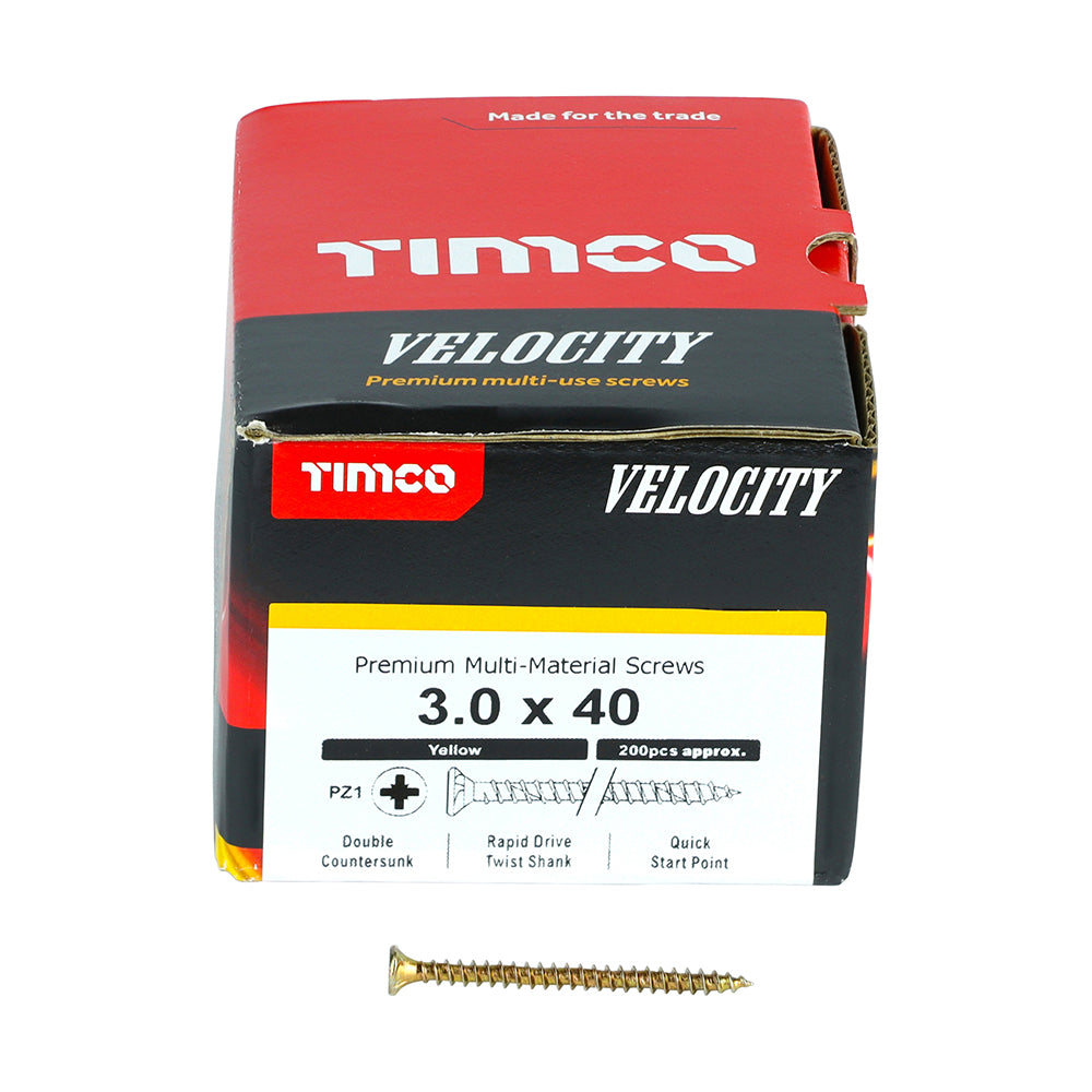 This is an image showing TIMCO Velocity Premium Multi-Use Screws - PZ - Double Countersunk - Yellow
 - 3.0 x 40 - 200 Pieces Box available from T.H Wiggans Ironmongery in Kendal, quick delivery at discounted prices.