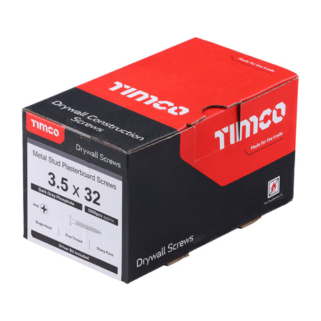 This is an image showing TIMCO Drywall Screws - PH - Bugle - Fine Thread - Grey - 3.5 x 32 - 1000 Pieces Box available from T.H Wiggans Ironmongery in Kendal, quick delivery at discounted prices.