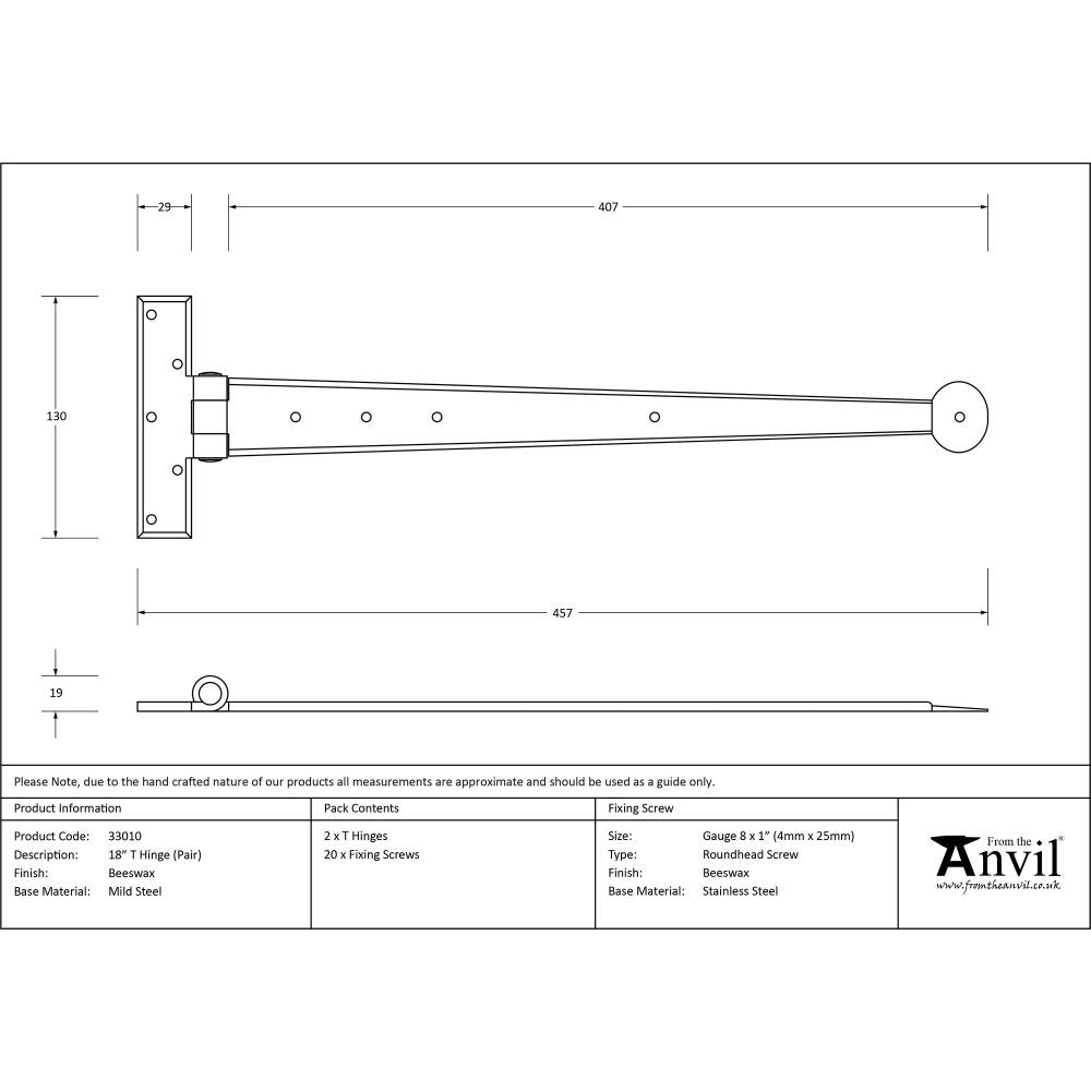 This is an image showing From The Anvil - Beeswax 18" Penny End T Hinge (pair) available from T.H Wiggans Architectural Ironmongery, quick delivery and discounted prices