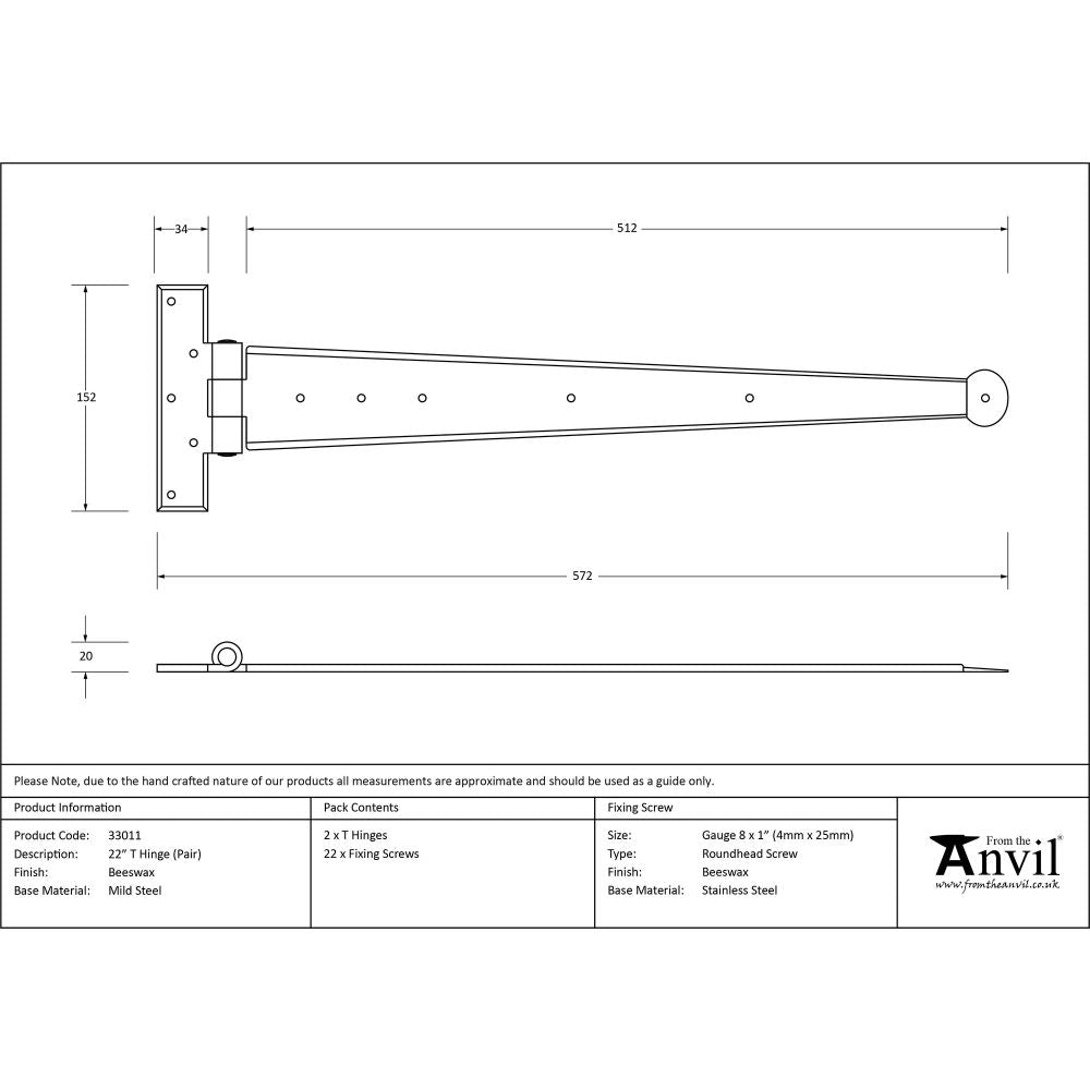 This is an image showing From The Anvil - Beeswax 22" Penny End T Hinge (pair) available from T.H Wiggans Architectural Ironmongery, quick delivery and discounted prices