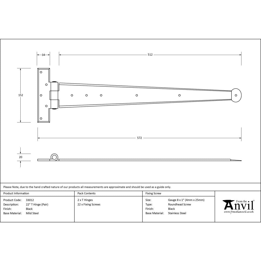 This is an image showing From The Anvil - Black 22" Penny End T Hinge (pair) available from T.H Wiggans Architectural Ironmongery, quick delivery and discounted prices