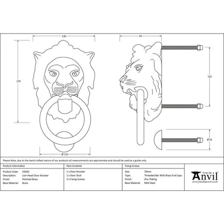 This is an image showing From The Anvil - Polished Brass Lion Head Door Knocker available from trade door handles, quick delivery and discounted prices