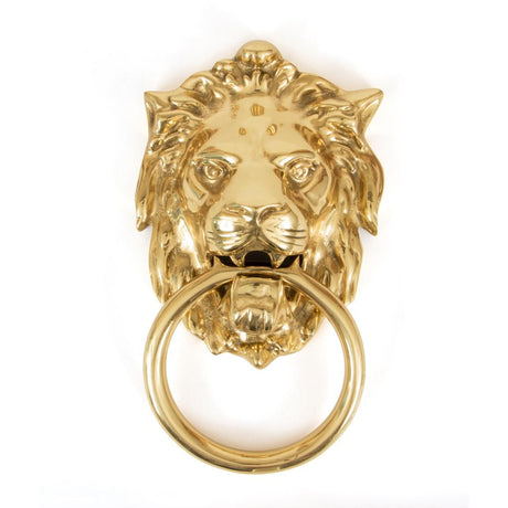 This is an image of From The Anvil - Polished Brass Lion Head Door Knocker available to order from T.H Wiggans Architectural Ironmongery in Kendal, quick delivery and discounted prices.