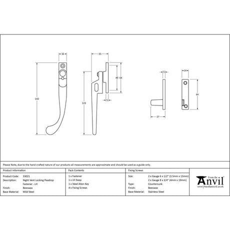 This is an image showing From The Anvil - Beeswax Night-Vent Locking Peardrop Fastener - LH available from T.H Wiggans Architectural Ironmongery in Kendal, quick delivery and discounted prices