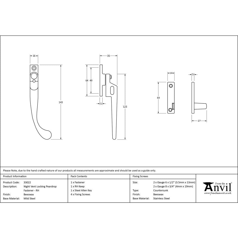 This is an image showing From The Anvil - Beeswax Night-Vent Locking Peardrop Fastener - RH available from T.H Wiggans Architectural Ironmongery in Kendal, quick delivery and discounted prices