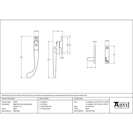 This is an image showing From The Anvil - Black Night-Vent Locking Peardrop Fastener - LH available from T.H Wiggans Architectural Ironmongery in Kendal, quick delivery and discounted prices