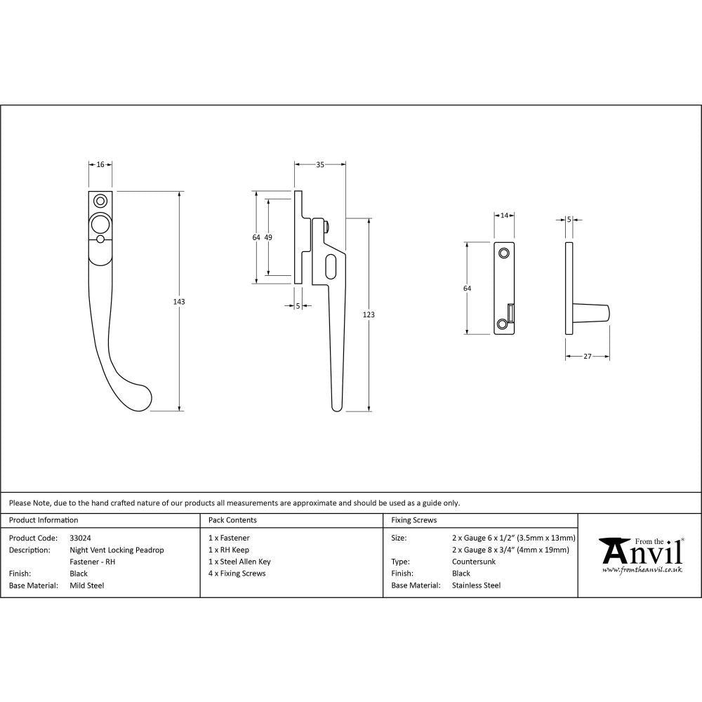 This is an image showing From The Anvil - Black Night-Vent Locking Peardrop Fastener - RH available from T.H Wiggans Architectural Ironmongery in Kendal, quick delivery and discounted prices