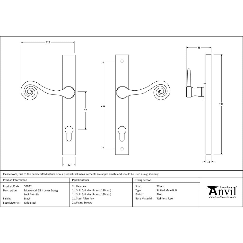 This is an image showing From The Anvil - Black Monkeytail Slimline Lever Espag. Lock Set - LH available from trade door handles, quick delivery and discounted prices