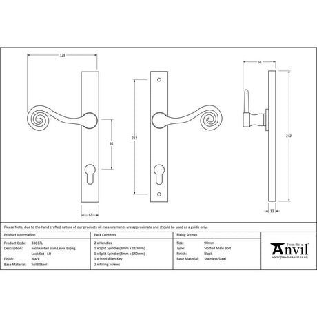 This is an image showing From The Anvil - Black Monkeytail Slimline Lever Espag. Lock Set - LH available from trade door handles, quick delivery and discounted prices