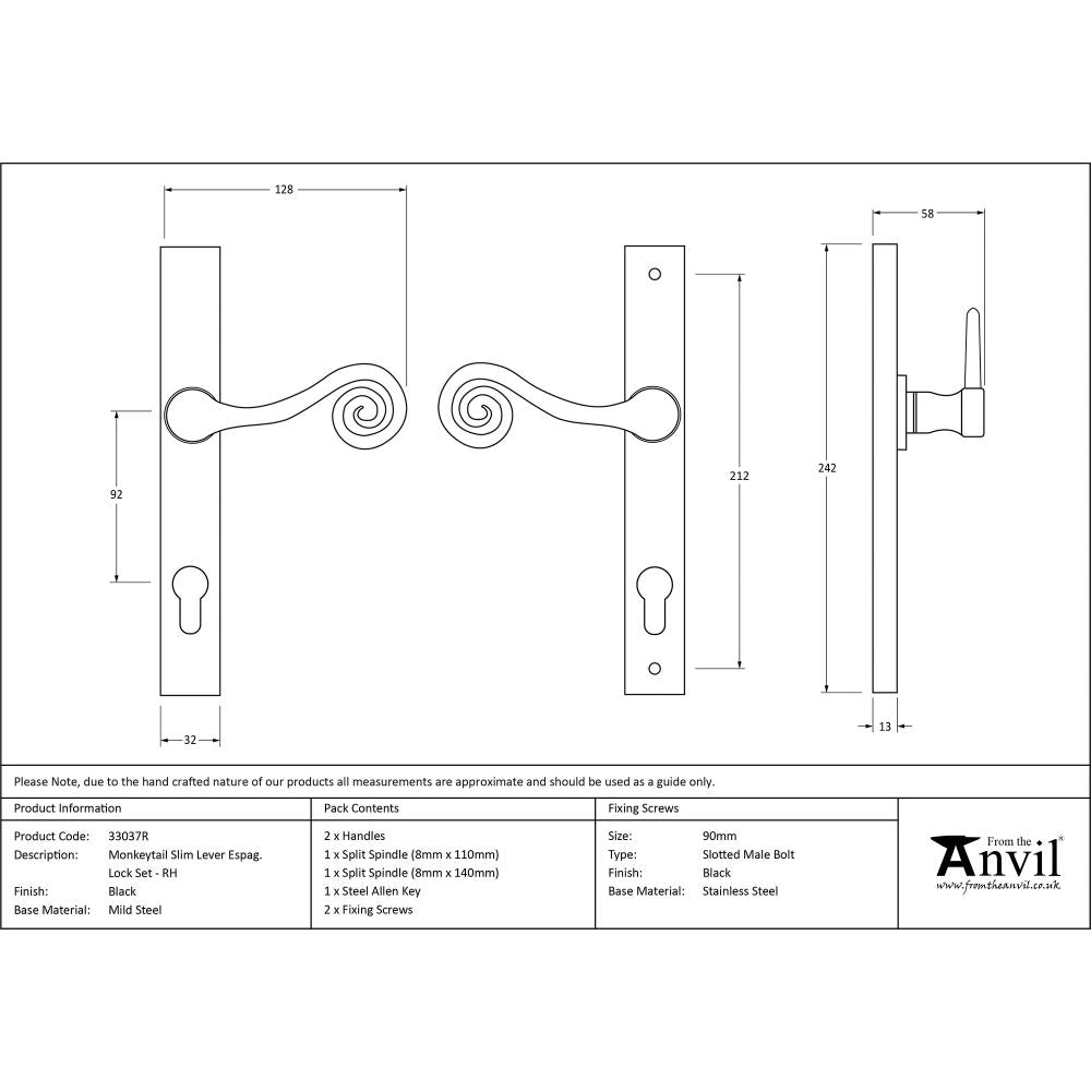 This is an image showing From The Anvil - Black Monkeytail Slimline Lever Espag. Lock Set - RH available from trade door handles, quick delivery and discounted prices