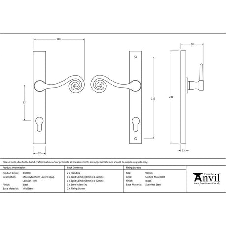 This is an image showing From The Anvil - Black Monkeytail Slimline Lever Espag. Lock Set - RH available from trade door handles, quick delivery and discounted prices