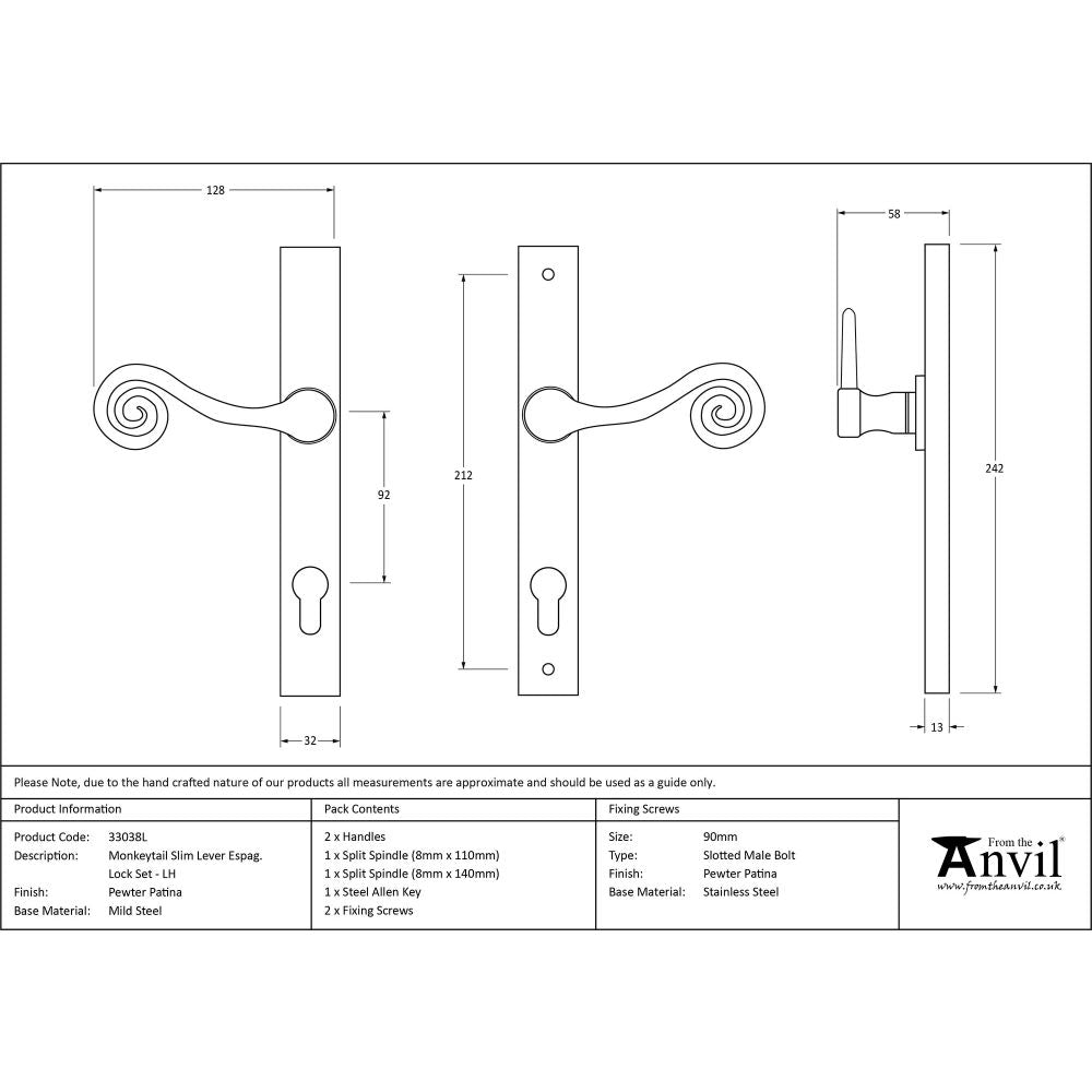 This is an image showing From The Anvil - Pewter Monkeytail Slimline Lever Espag. Lock Set - LH available from trade door handles, quick delivery and discounted prices